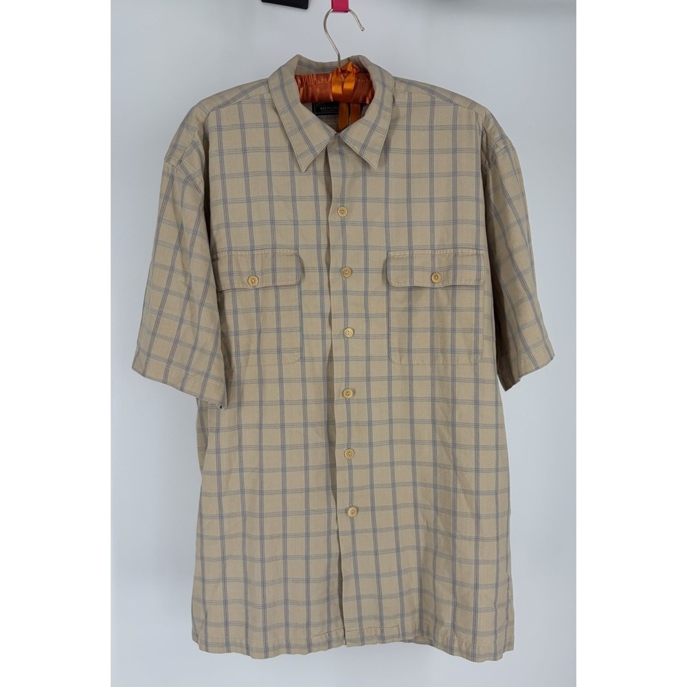 Vintage Polo Country Ralph Lauren Cotton Shirt Mens L Beige Plaid Safari Camp